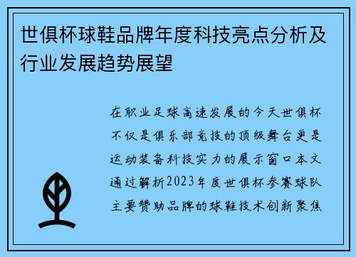 世俱杯球鞋品牌年度科技亮点分析及行业发展趋势展望